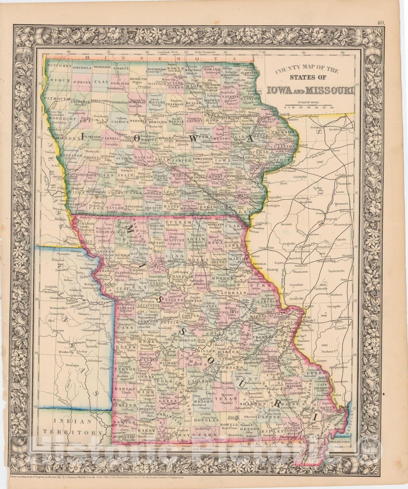 Historic Map : Iowa & Missouri 1864 , New General (World) Atlas , Vintage Wall Art