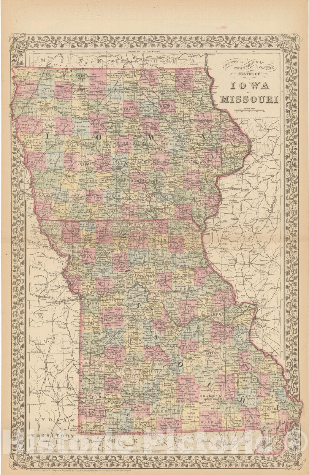 Historic Map : Iowa & Missouri 1882 , Mitchell's New General Atlas , Vintage Wall Art