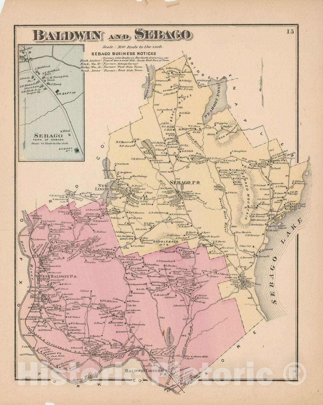Historic Map : Atlas of Cumberland County Maine, Baldwin & Sebago 1871 , Vintage Wall Art