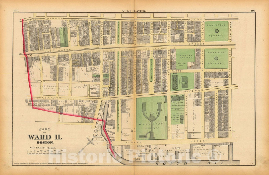 Historic Map : Atlas of County of Suffolk, MA Vol. 1 including Boston Proper, Boston 1874 Plate X , Vintage Wall Art