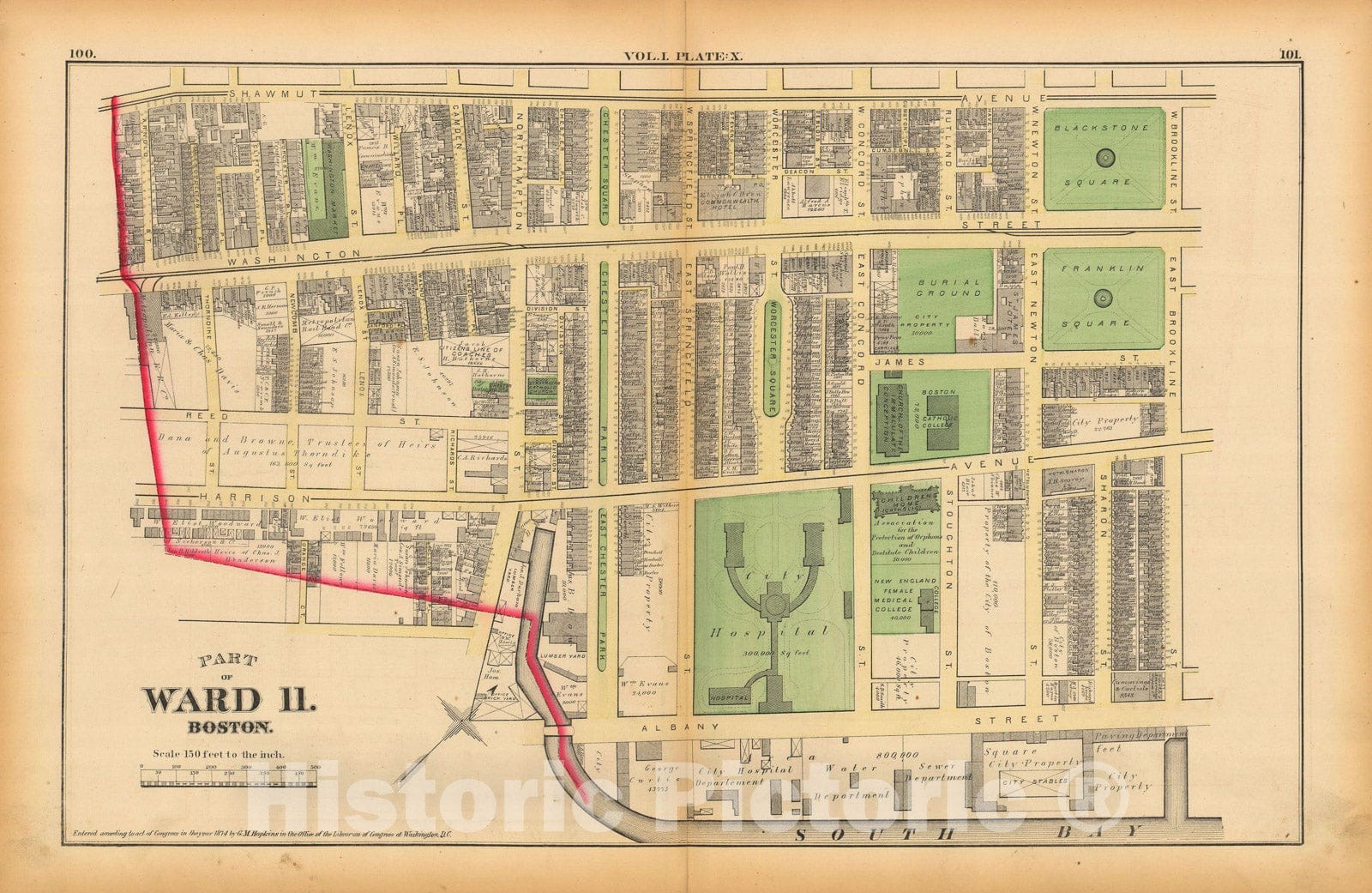 Historic Map : Atlas of County of Suffolk, MA Vol. 1 including Boston Proper, Boston 1874 Plate X , Vintage Wall Art