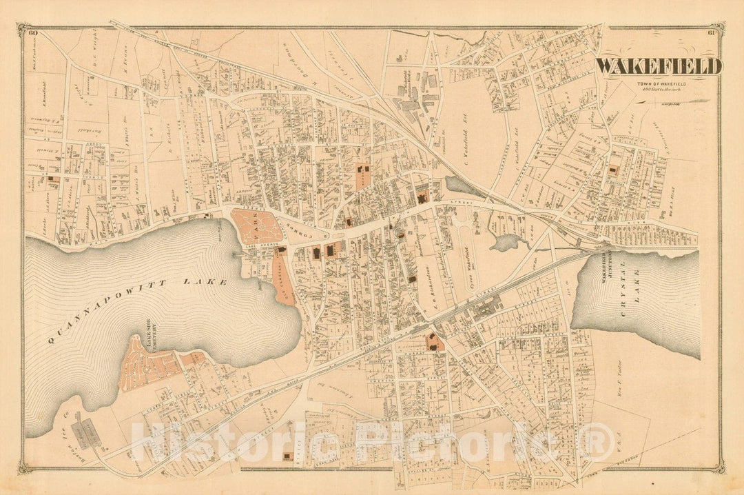 Historic Map : County Atlas of Middlesex Massachusetts, Wakefield 1875 , v3, Vintage Wall Art