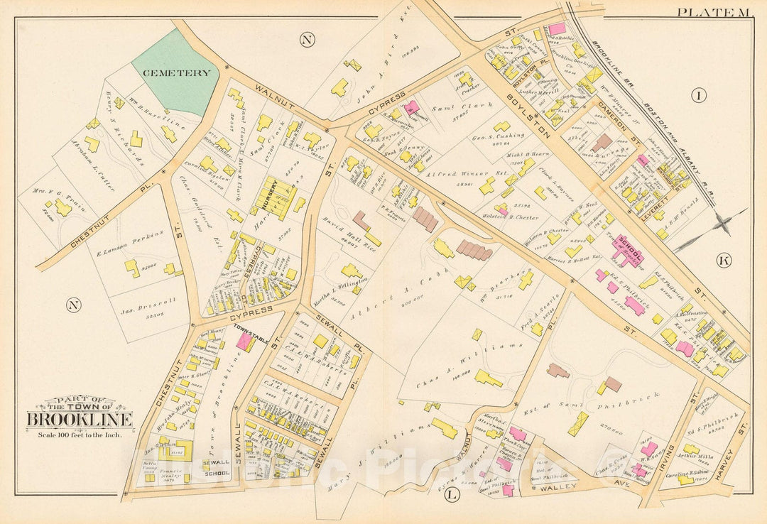 Historic Map : Atlas Town of Brookline, Brookline 1888 Plate M , Vintage Wall Art