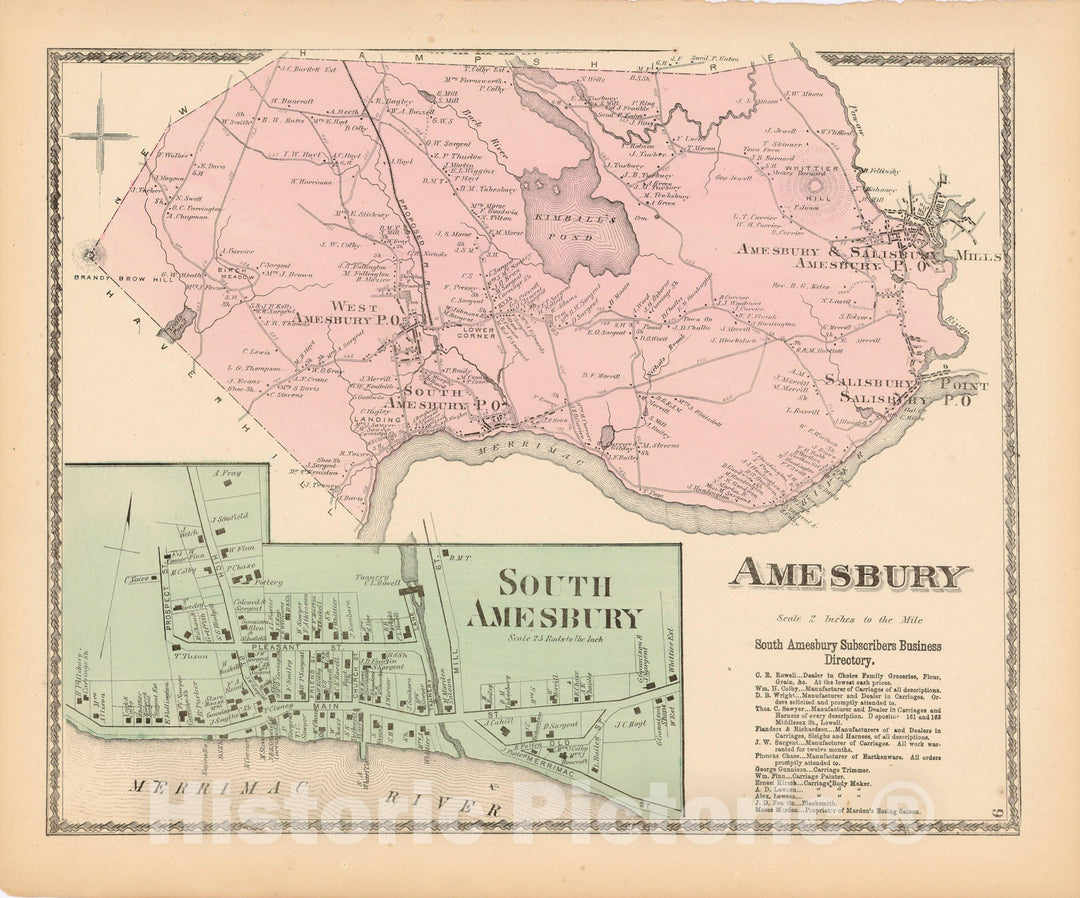 Historic Map : Atlas of Essex County Massachusetts, Amesbury 1872 , v2, Vintage Wall Art