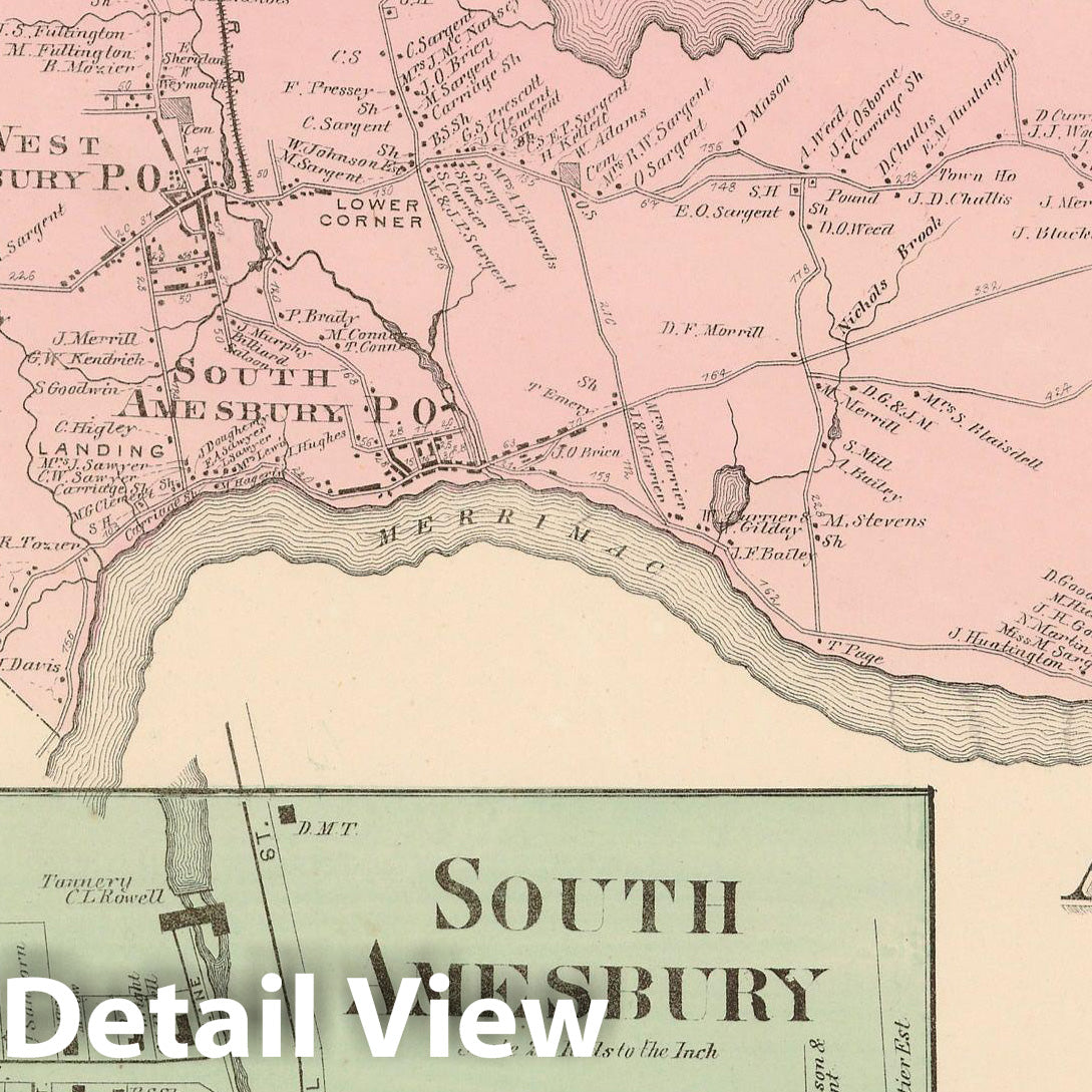 Historic Map : Atlas of Essex County Massachusetts, Amesbury 1872 , v2, Vintage Wall Art