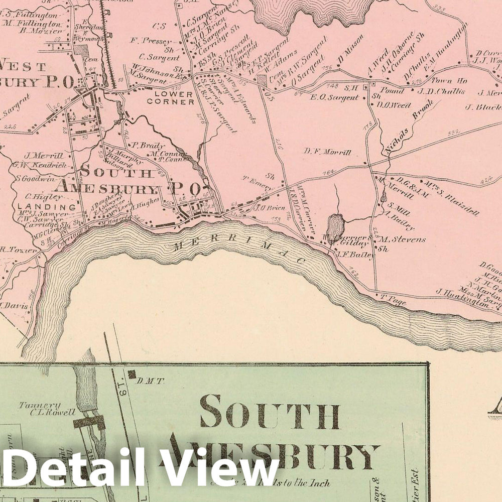 Historic Map : Atlas of Essex County Massachusetts, Amesbury 1872 , v2, Vintage Wall Art