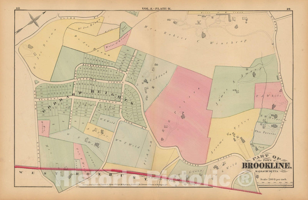 Historic Map : Atlas Town of Brookline, Brookline 1874 Plate K , Vintage Wall Art