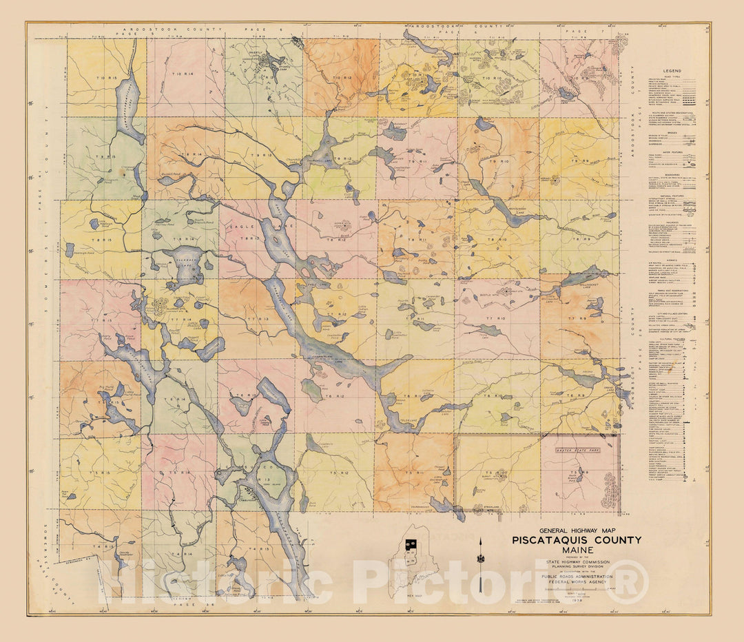 Historic Map : Maine General Highway County Maps, Piscataquis 1938 Plate 035 , Vintage Wall Art