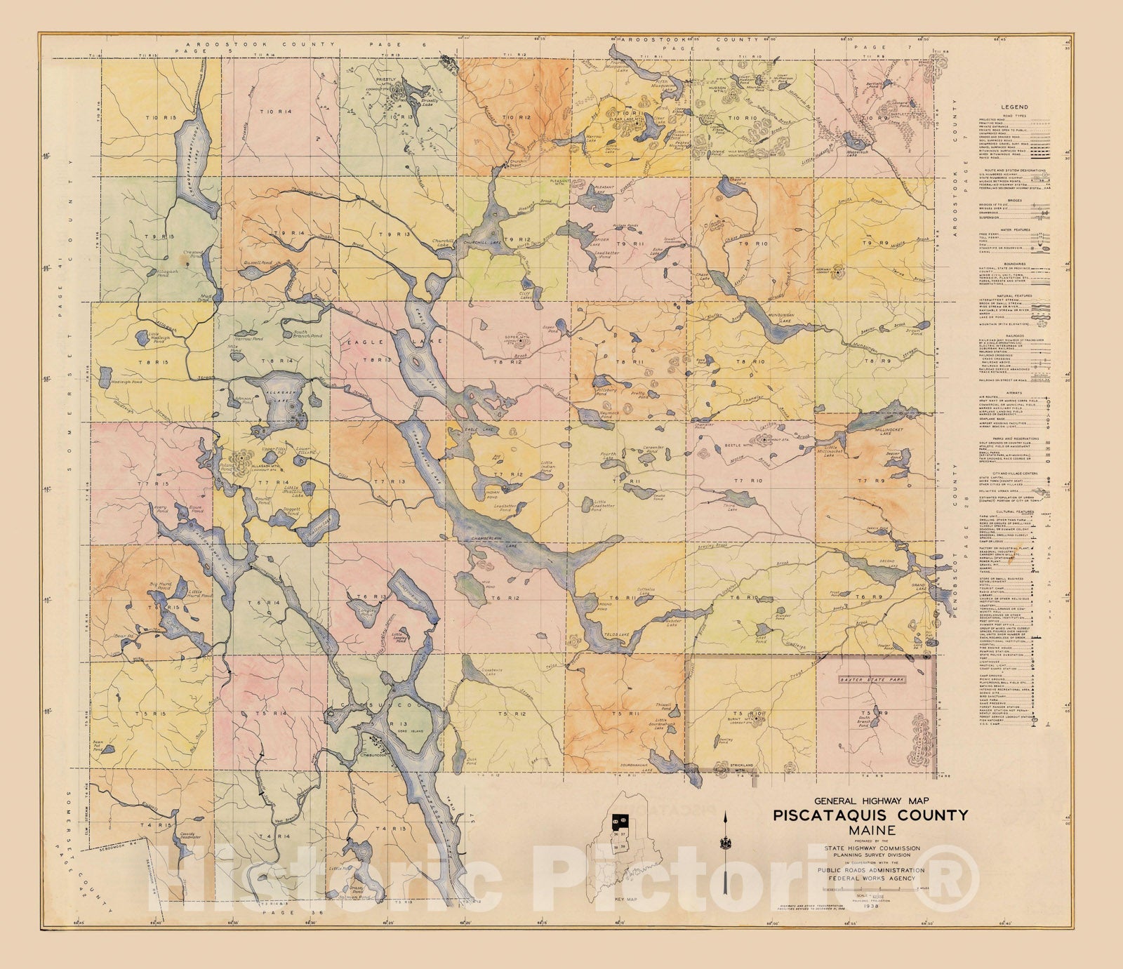 Historic Map : Maine General Highway County Maps, Piscataquis 1938 Plate 035 , Vintage Wall Art