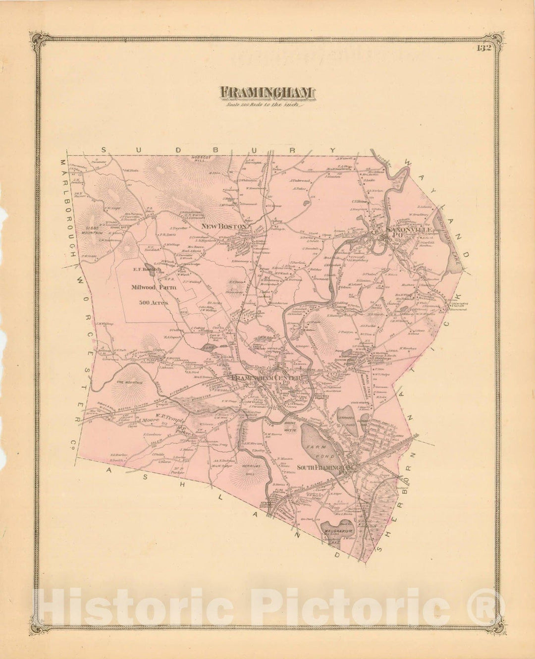 Historic Map : County Atlas of Middlesex Massachusetts, Framingham 1875 , Vintage Wall Art