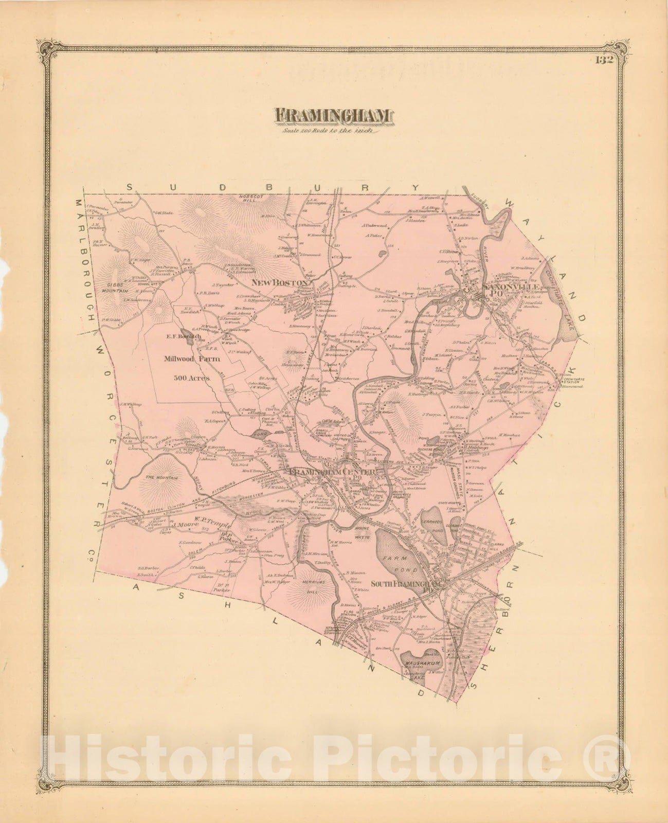 Historic Map : County Atlas of Middlesex Massachusetts, Framingham 1875 , Vintage Wall Art