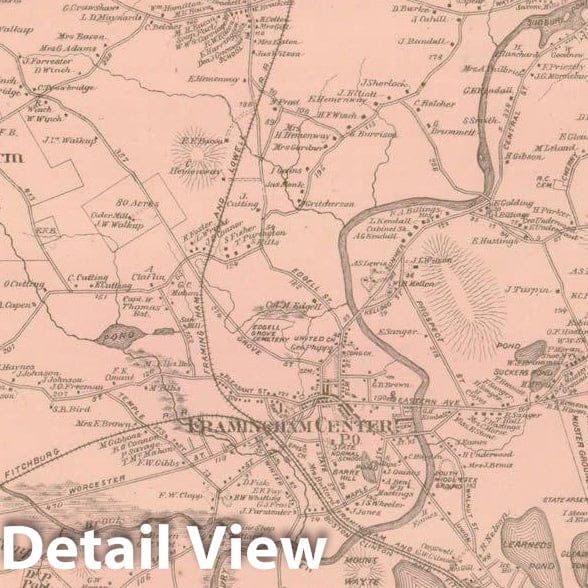 Historic Map : County Atlas of Middlesex Massachusetts, Framingham 1875 , Vintage Wall Art