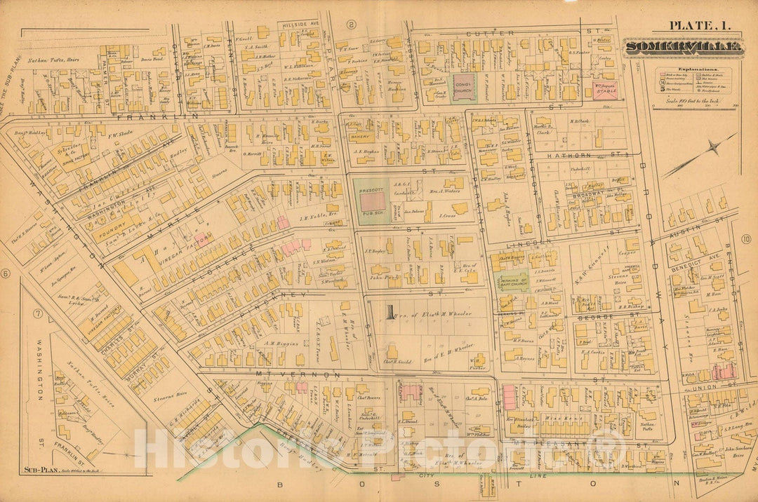 Historic Map : Atlas of Somerville Massachusetts, Somerville 1884 Plate 001 , Vintage Wall Art