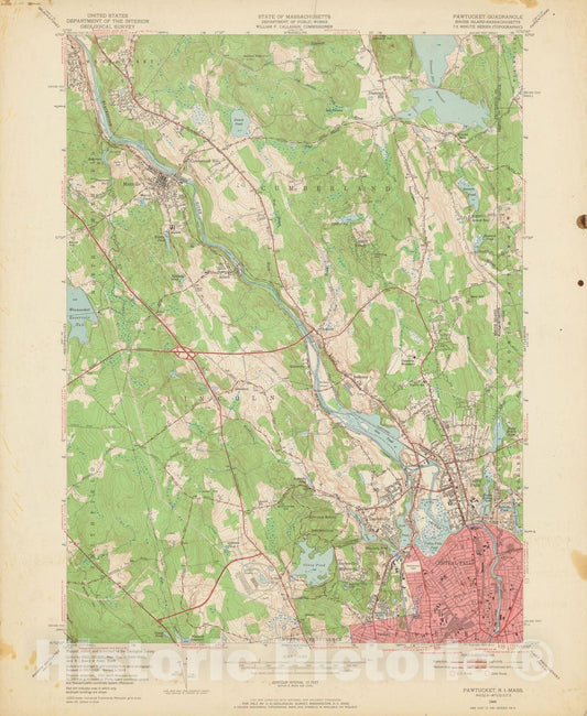 Historic Map : USGS 7.5 Minute Sheets and Quadrangles, Central Falls & Cumberland & Lincoln & Pawtucket 1949 Topographic Map , Vintage Wall Art