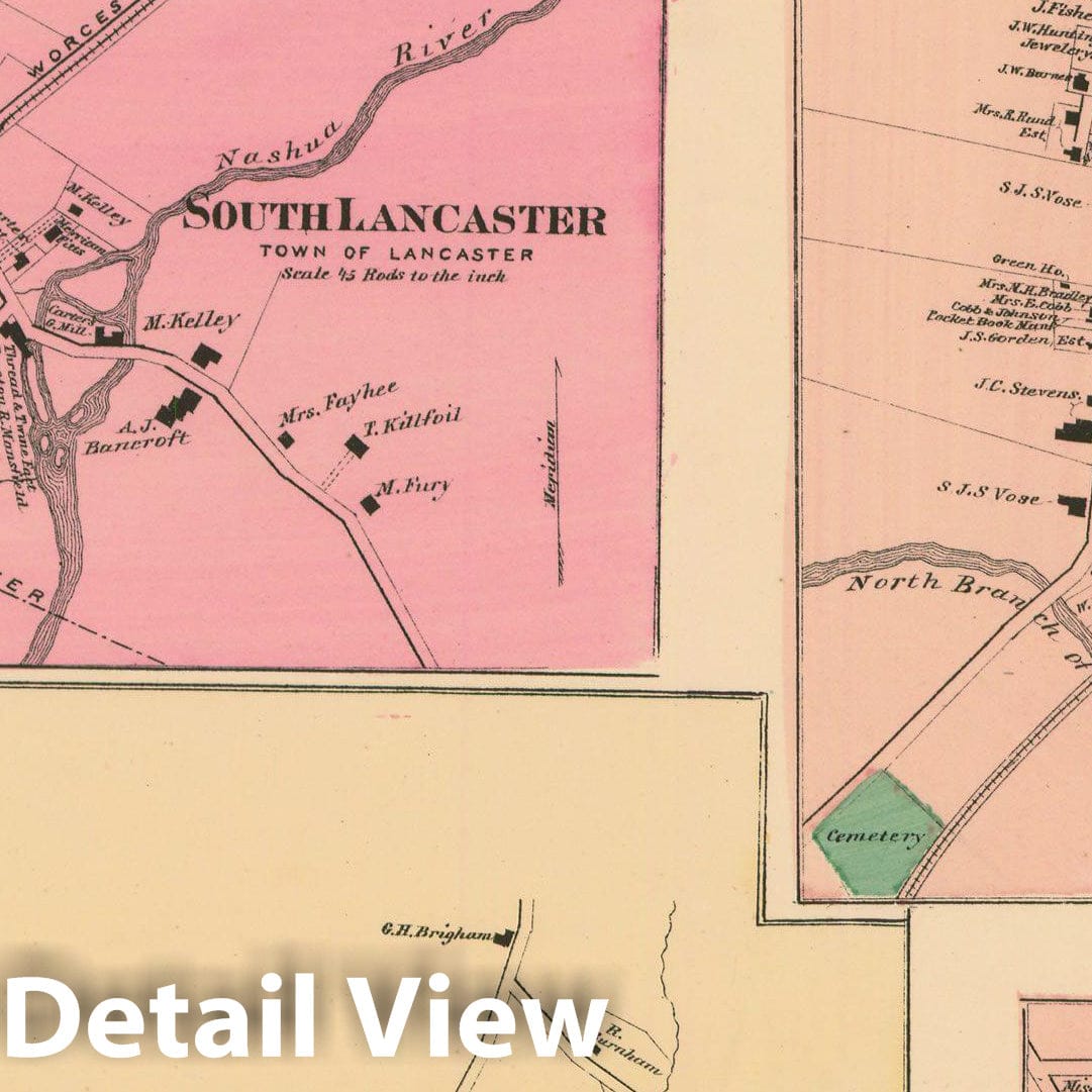 Historic Map : Atlas of Worcester County, Massachsuetts, Lancaster 1870 , v2, Vintage Wall Art