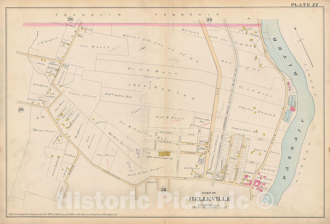 Historic Map : Atlas of Essex County, New Jersey, Belleville 1890 Plate 027 , Vintage Wall Art