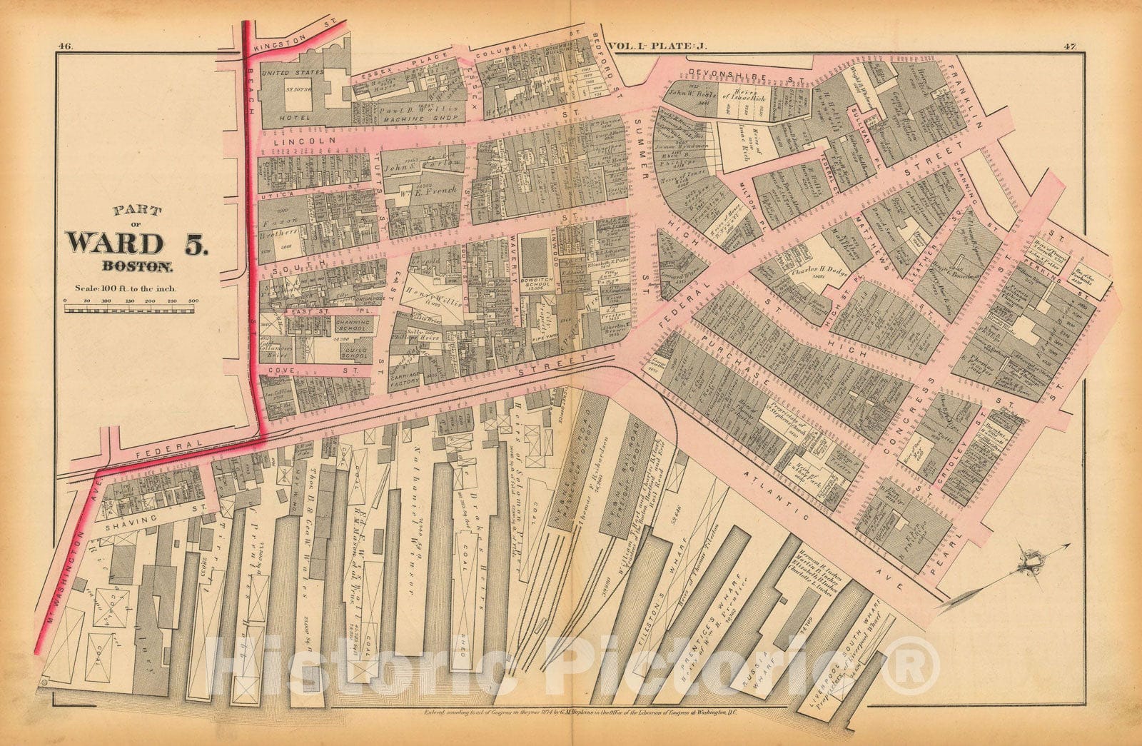 Historic Map : Atlas of County of Suffolk, MA Vol. 1 including Boston Proper, Boston 1874 Plate J , Vintage Wall Art