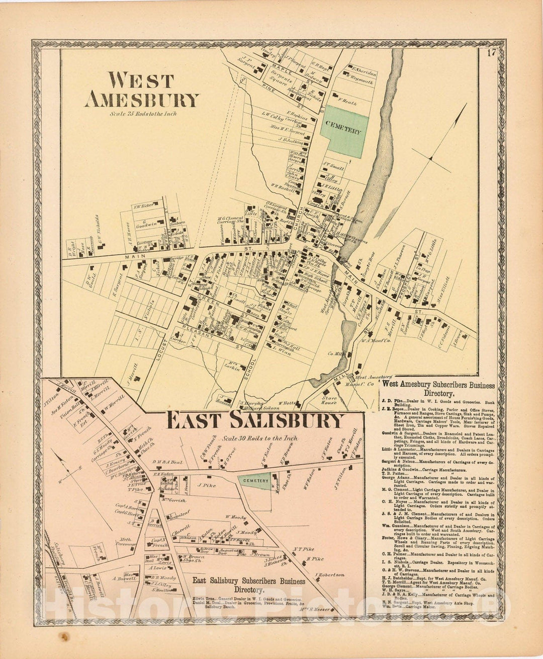 Historic Map : Atlas of Essex County Massachusetts, Amesbury & Salisbury 1872 , Vintage Wall Art