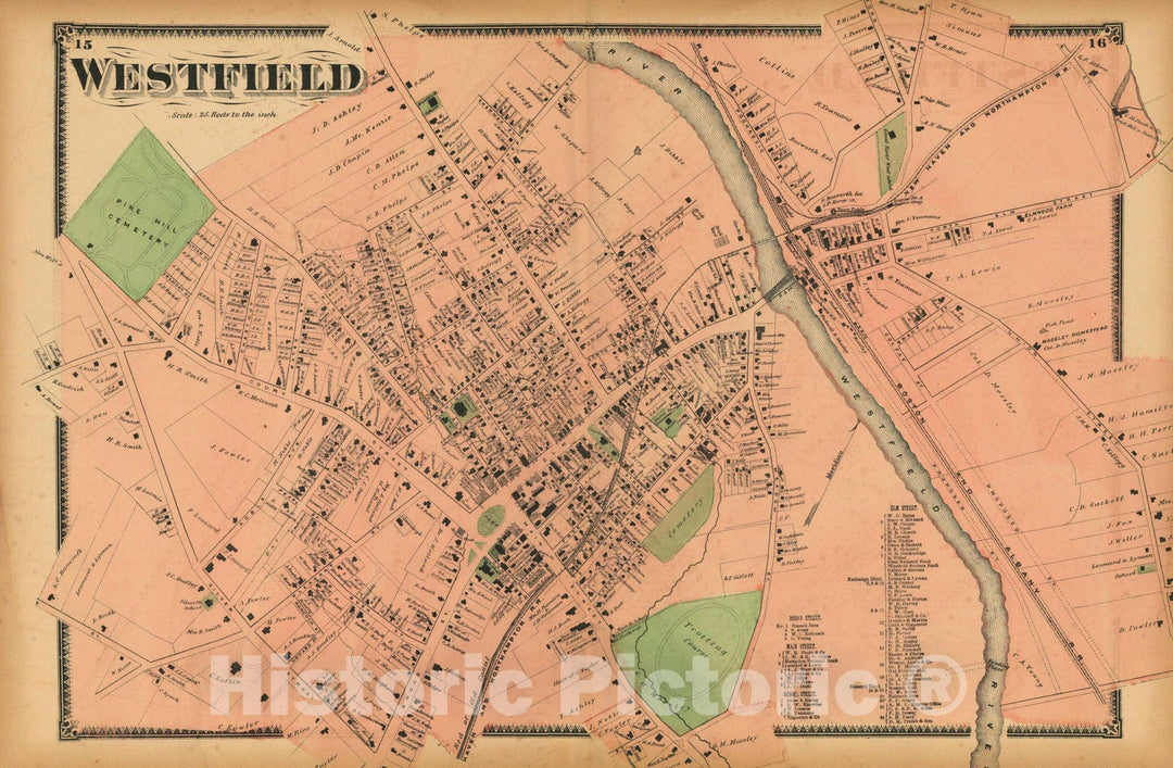 Historic Map : Atlas of Hampden County Massachusetts, Westfield 1870 , Vintage Wall Art