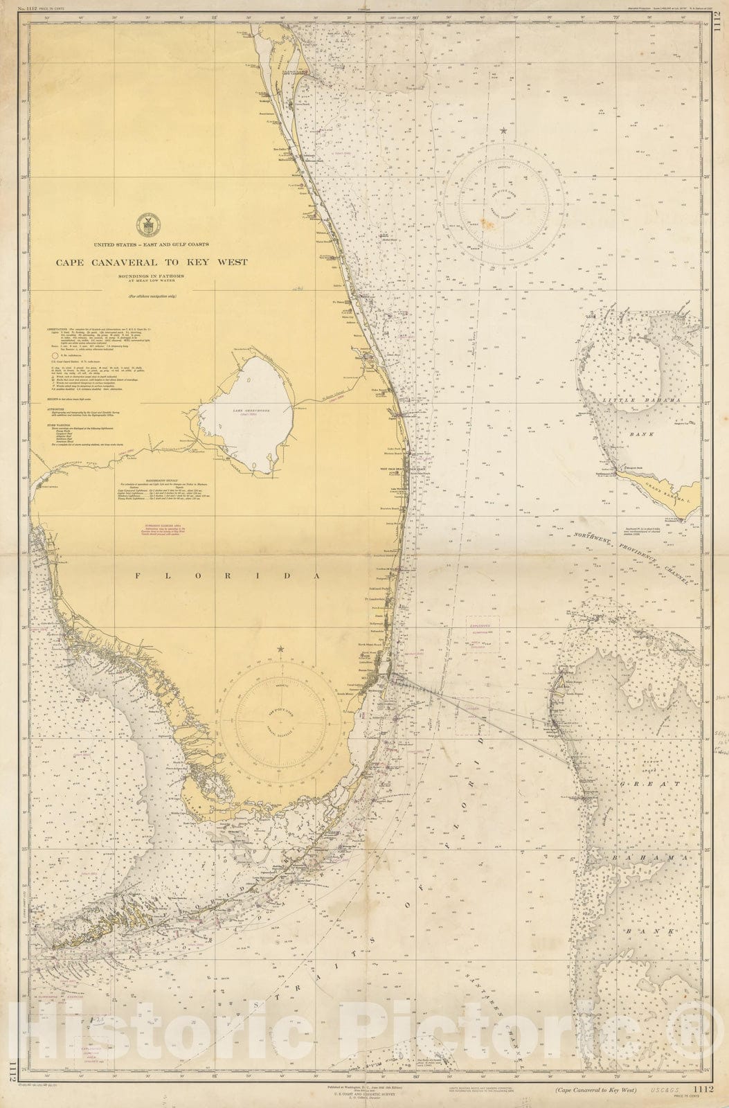 Historic Map : Coastal Charts - Florida: Cape Canaveral to Key West 1948 , Vintage Wall Art