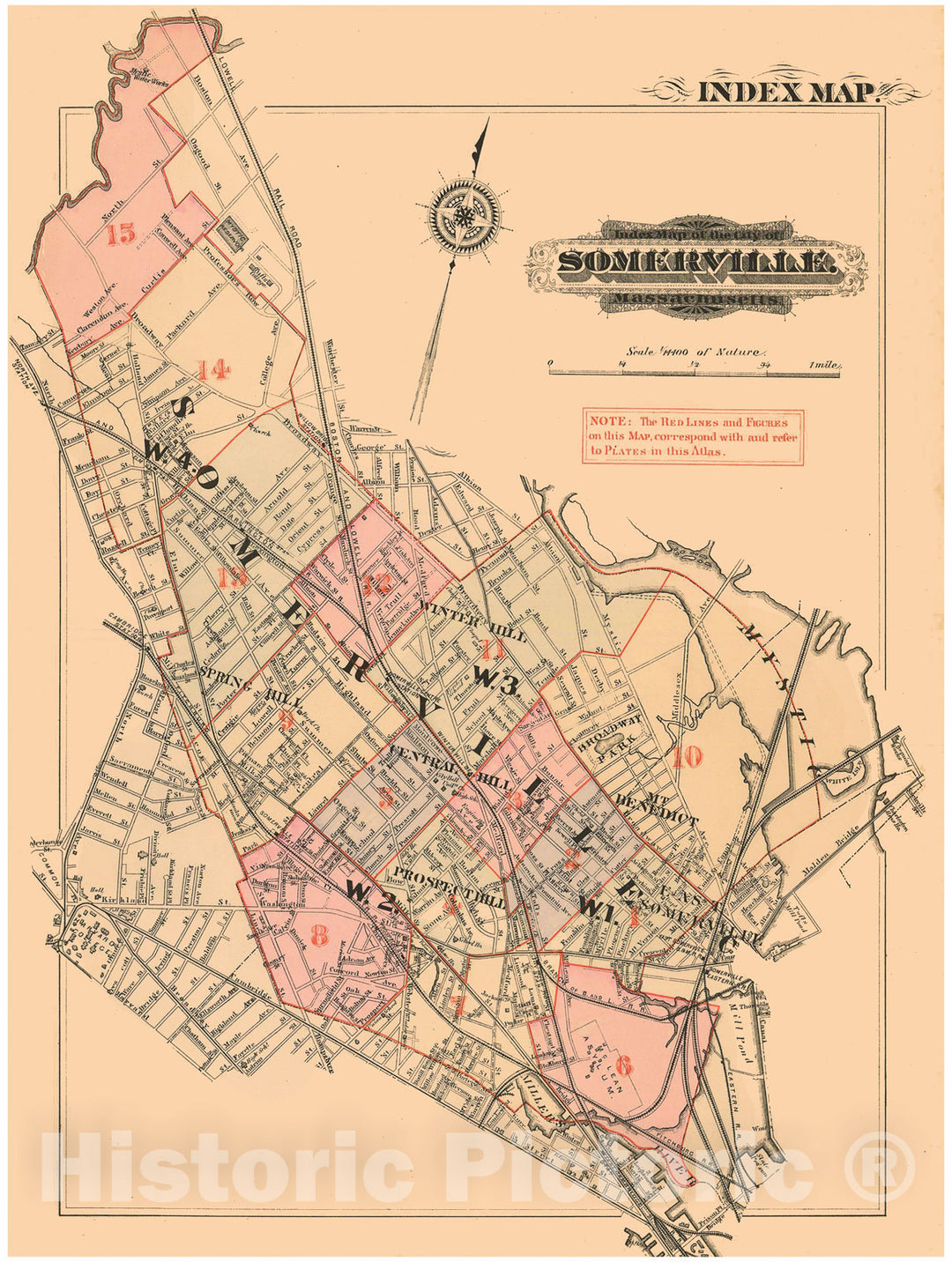 Historic Map : Atlas of Somerville Massachusetts, Somerville 1884 Index Plate , Vintage Wall Art