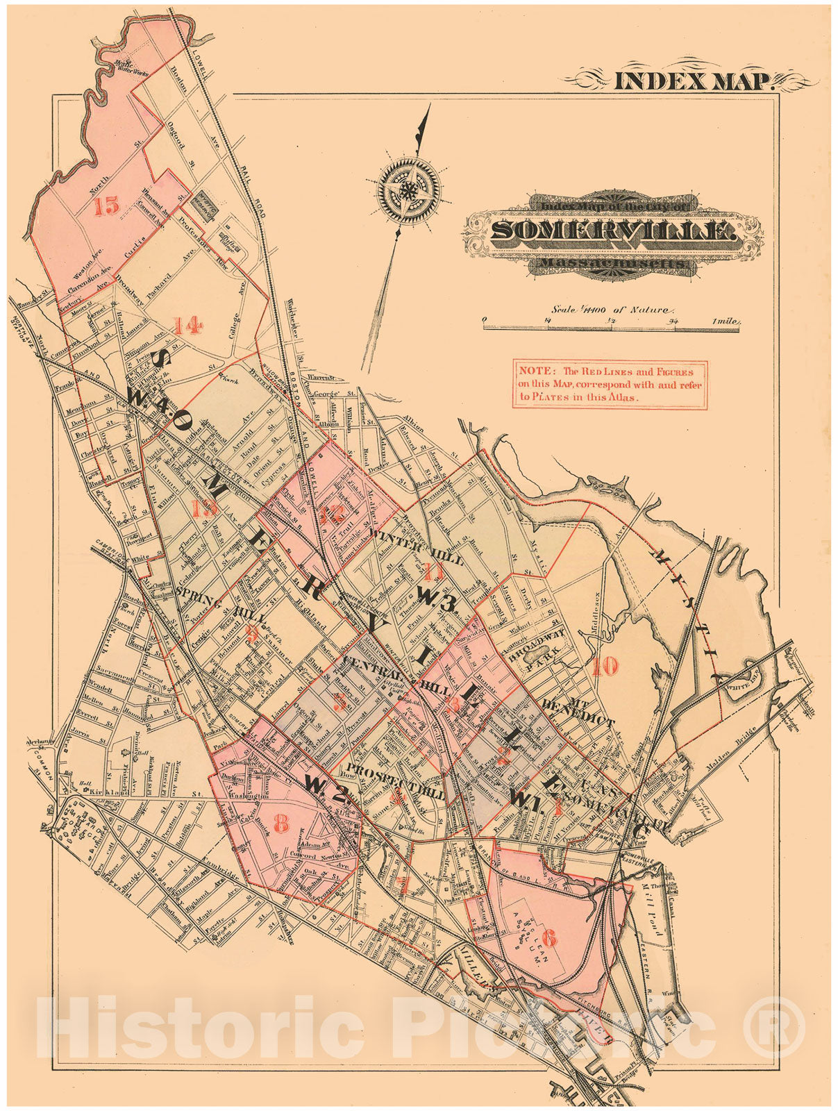 Historic Map : Atlas of Somerville Massachusetts, Somerville 1884 Index Plate , Vintage Wall Art