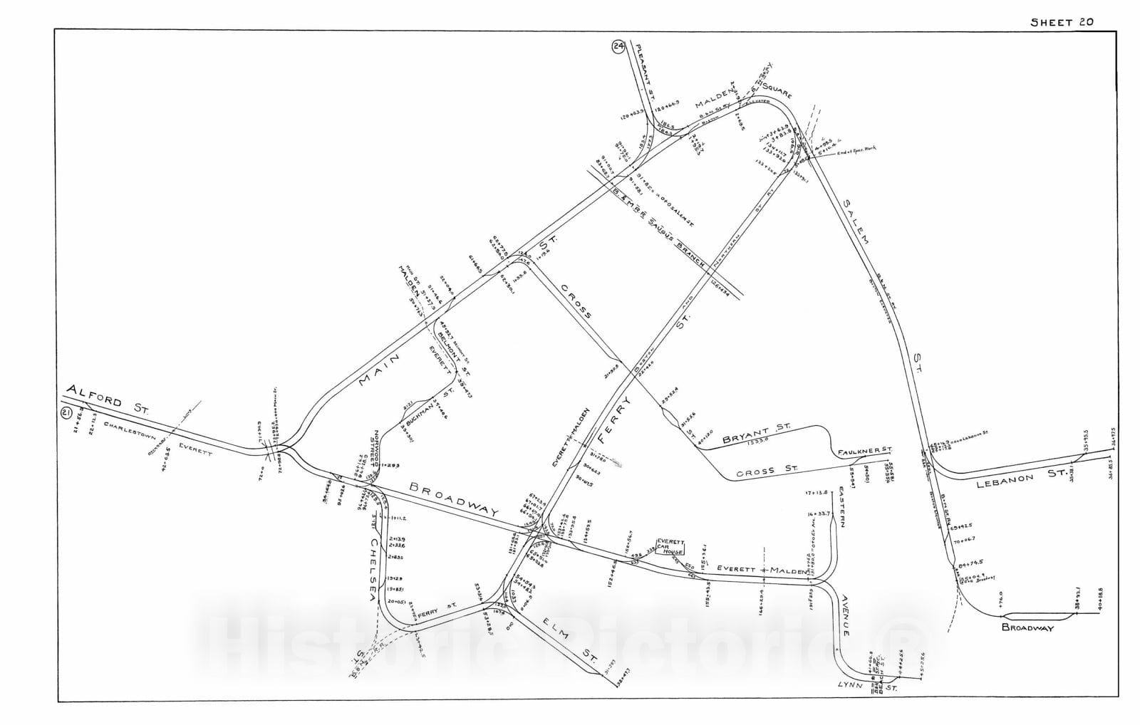 Historic Map : Boston Elevated Railway Track Plans, Everett 1899-1915 Plate 020 , Vintage Wall Art