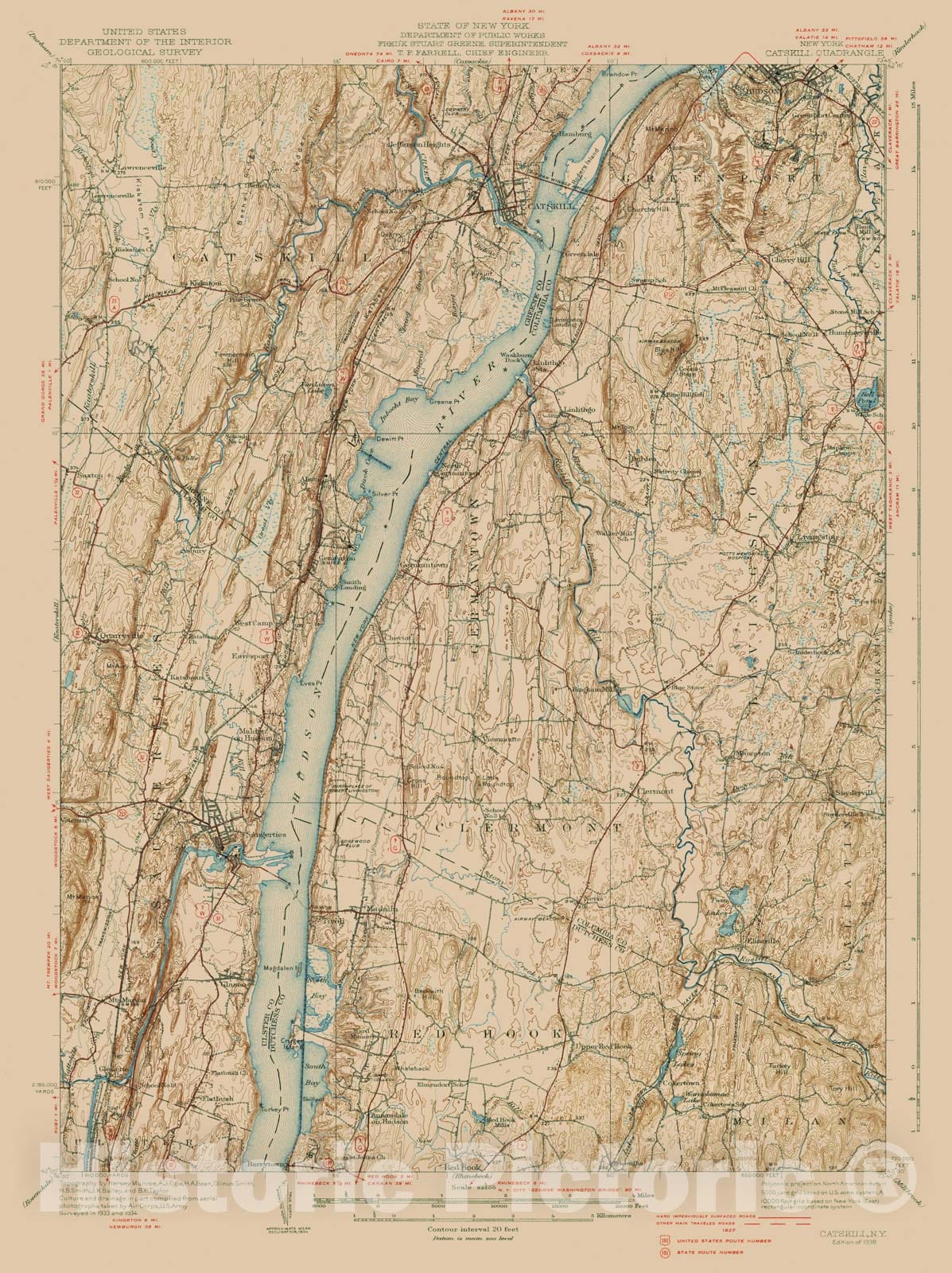 Historic Map : USGS 7.5 Minute Sheets and Quadrangles, Catskill & Clermont & Germantown & Saugerties 1938 Topographic Map , Vintage Wall Art