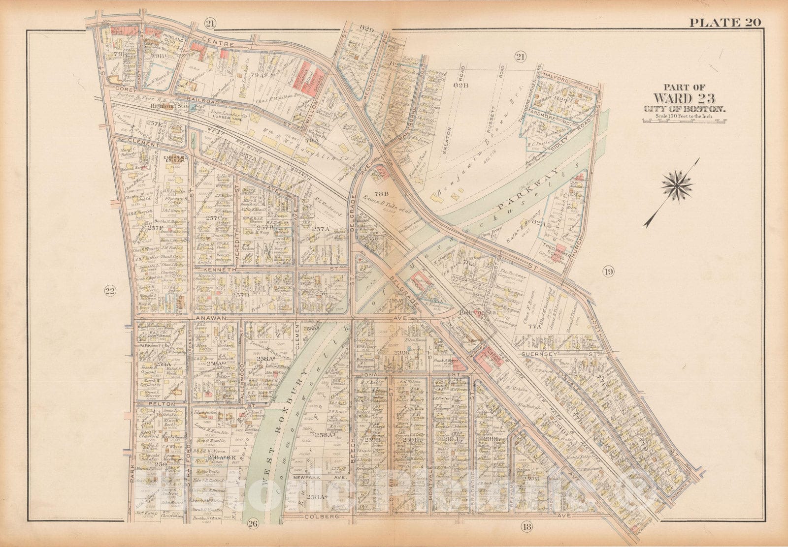 Historic Map : Atlas City of Boston, West Roxbury, Roslindale 1924 Plate 020 , Vintage Wall Art
