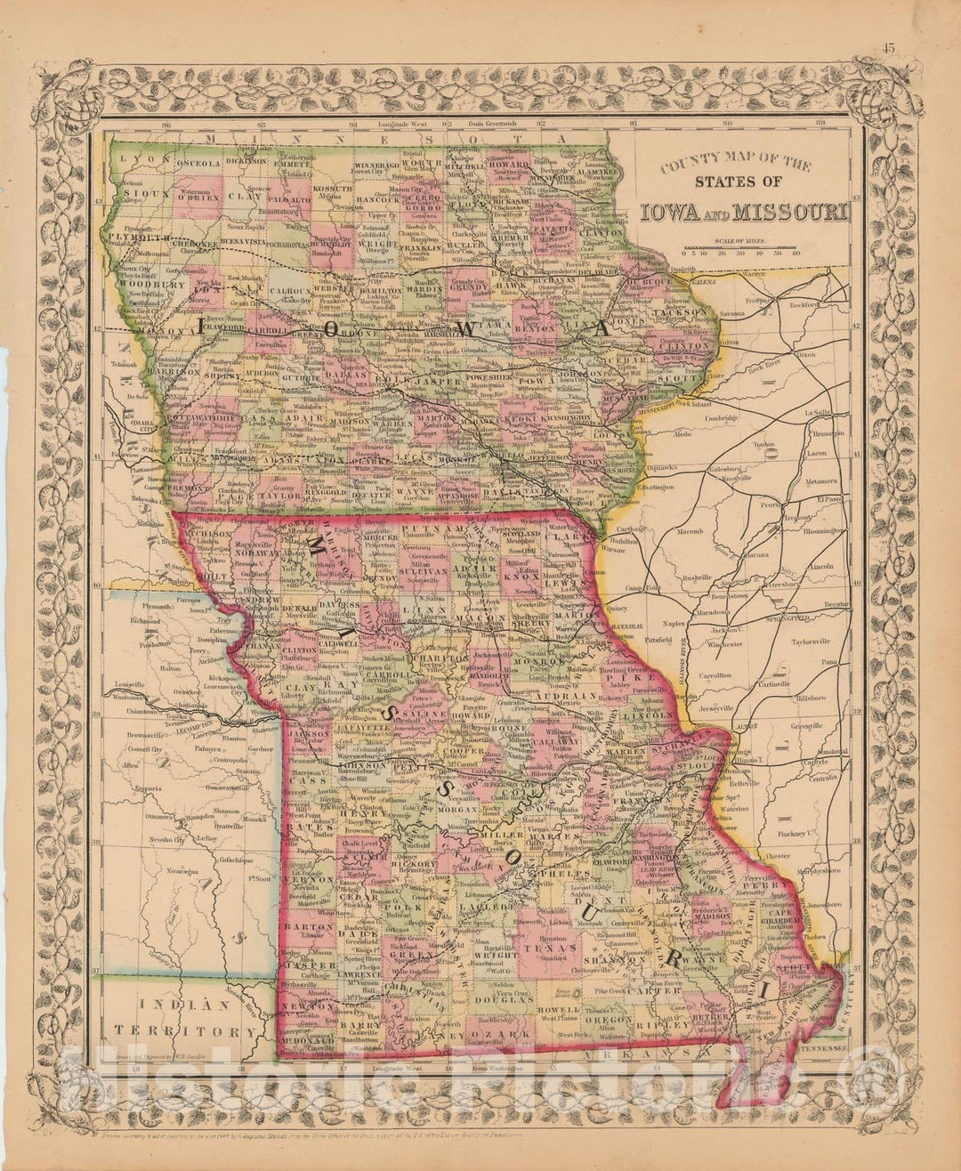 Historic Map : Iowa & Missouri 1867 , New General Atlas , Vintage Wall Art