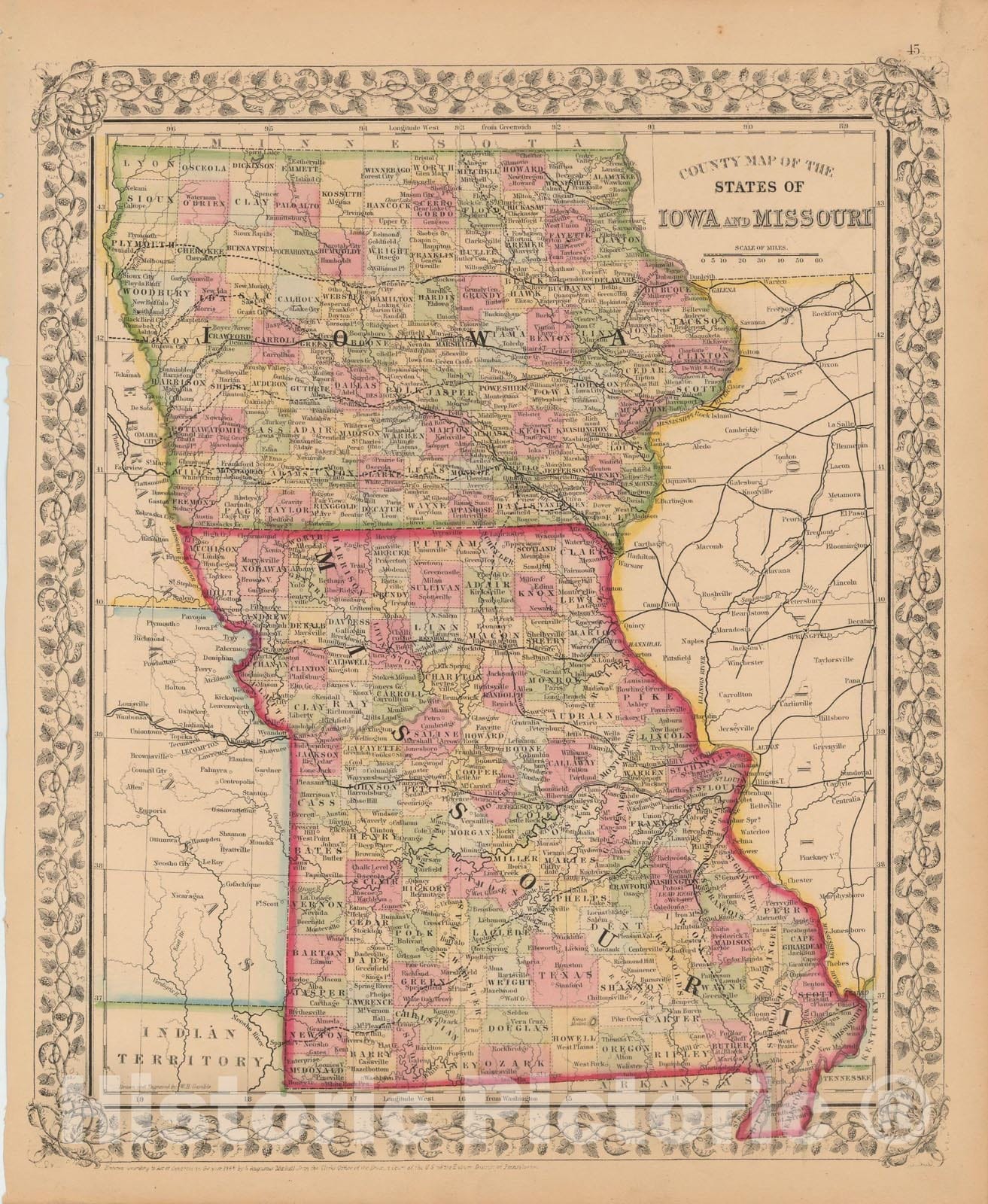 Historic Map : Iowa & Missouri 1867 , New General Atlas , Vintage Wall Art