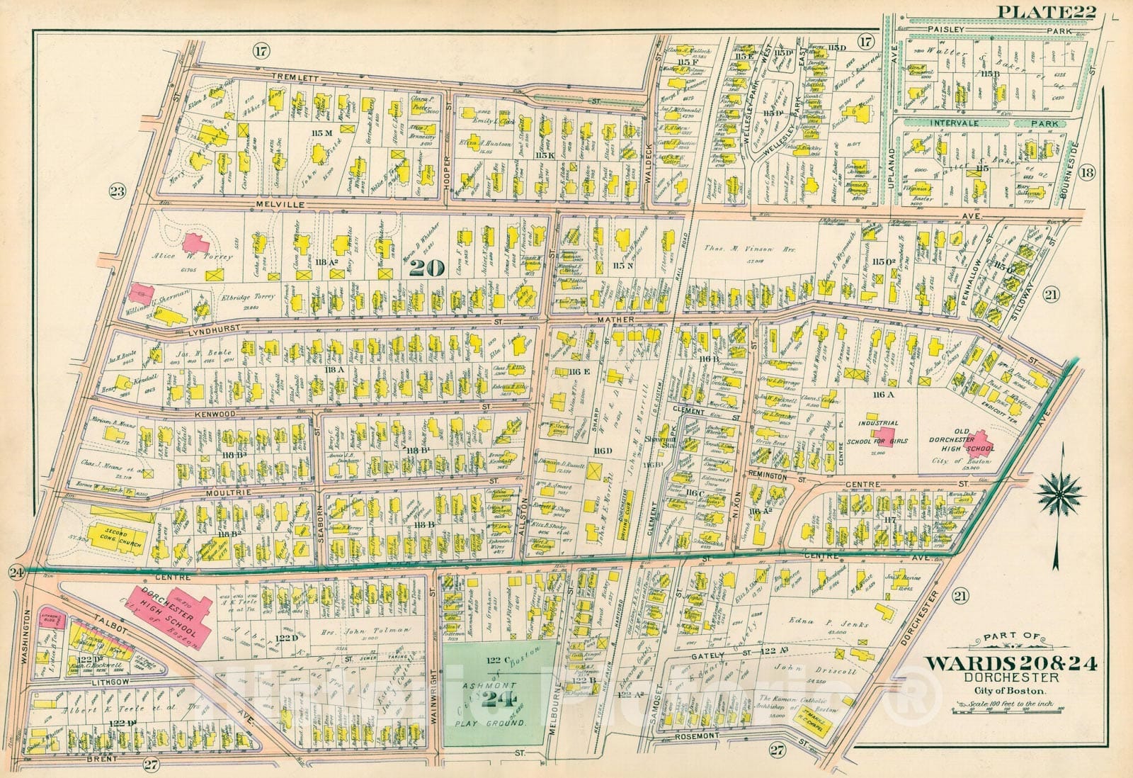 Historic Map : Atlas City of Boston, Vol. 5, Dorchester, 4th Ed., Dorchester 1904 Plate 022 , Vintage Wall Art