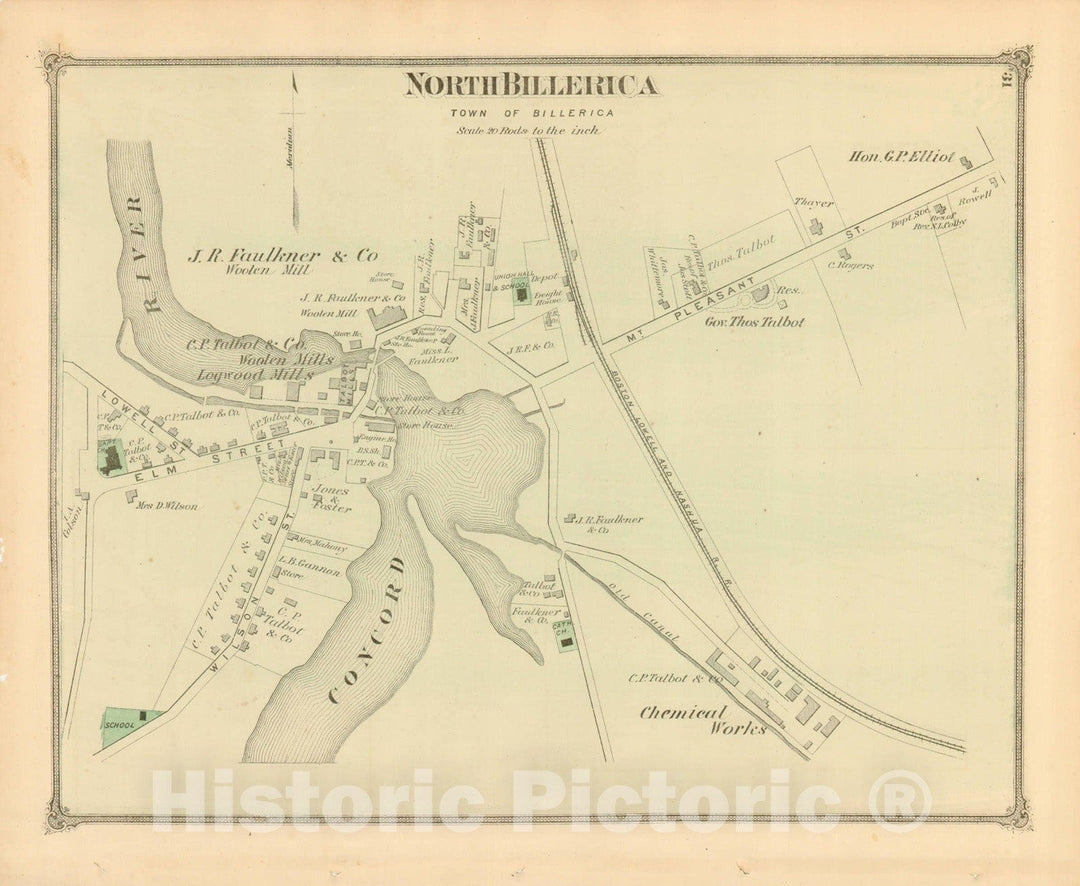 Historic Map : County Atlas of Middlesex Massachusetts, Billerica 1875 , v3, Vintage Wall Art