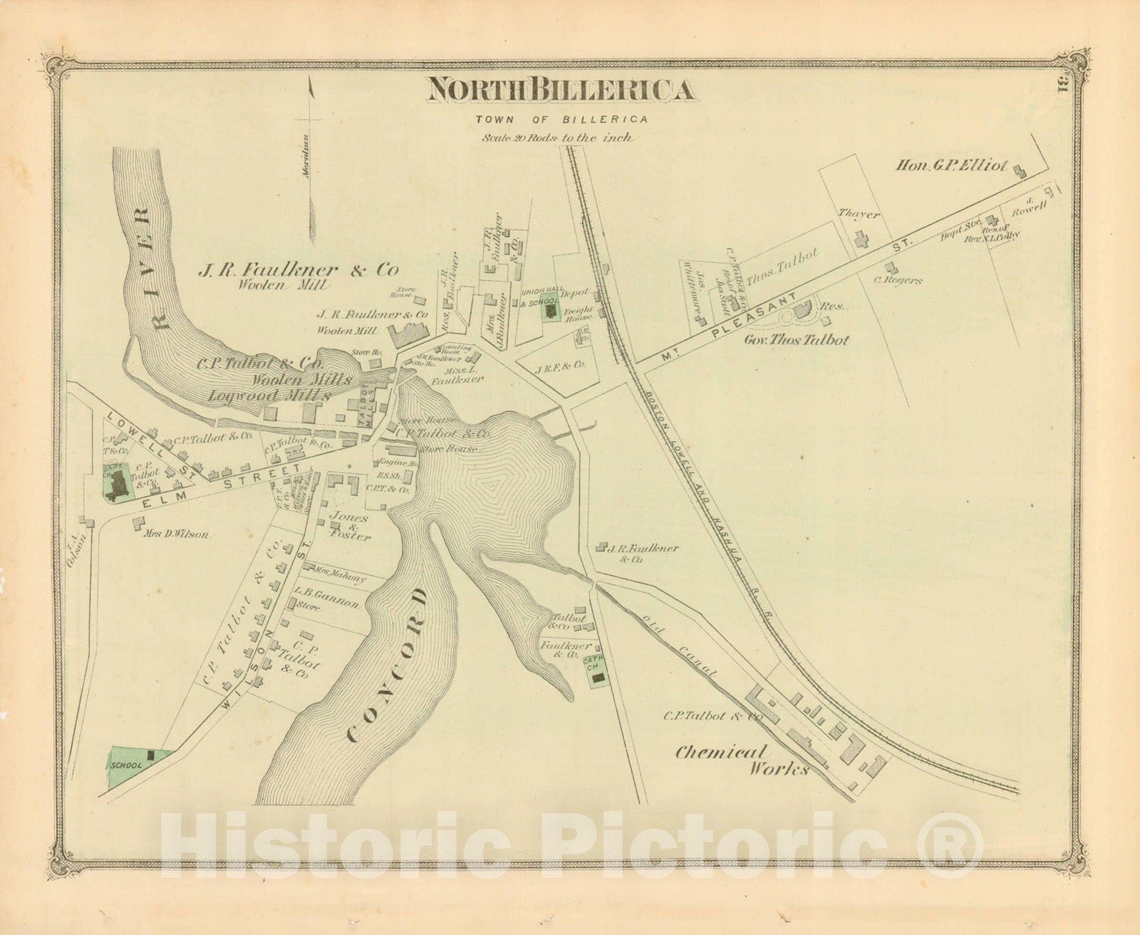 Historic Map : County Atlas of Middlesex Massachusetts, Billerica 1875 , v3, Vintage Wall Art