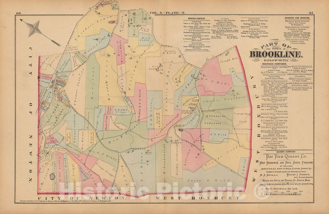 Historic Map : Atlas Town of Brookline, Brookline 1874 Plate N , Vintage Wall Art