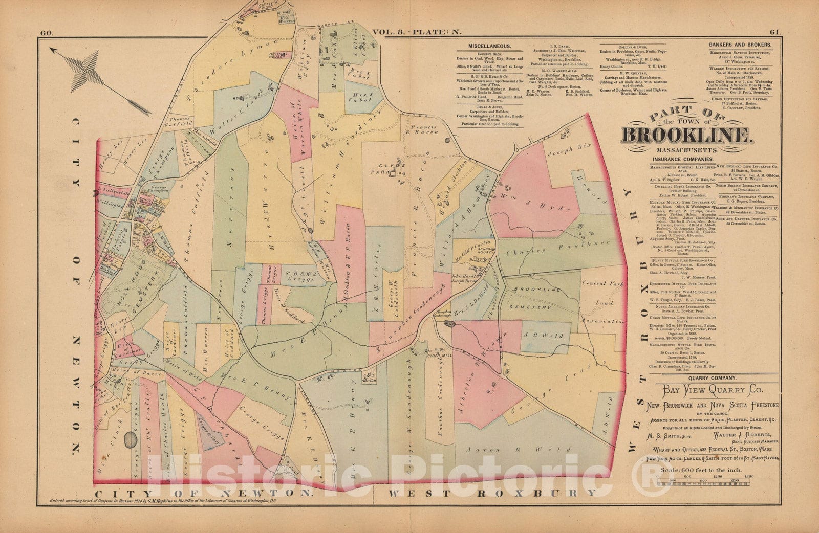 Historic Map : Atlas Town of Brookline, Brookline 1874 Plate N , Vintage Wall Art
