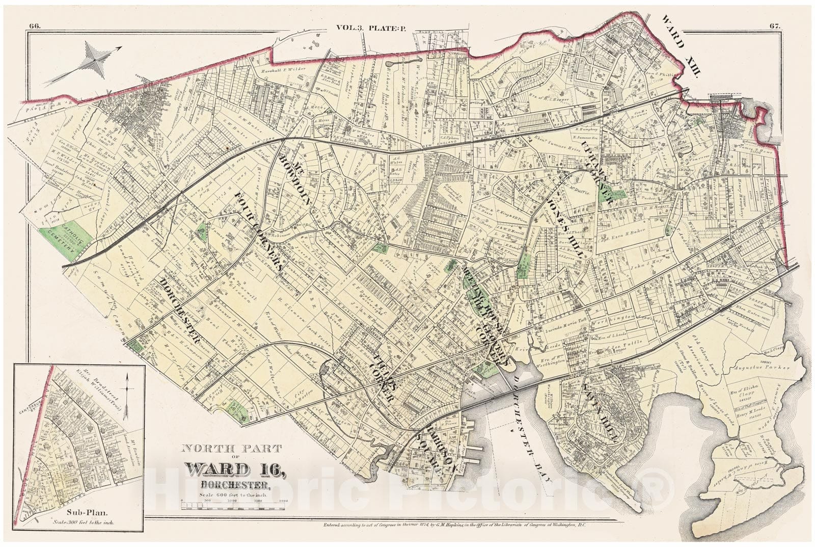 Historic Map : Atlas of County of Suffolk, MA Vol. 3rd, Dorchester 1874 Plate P , Vintage Wall Art