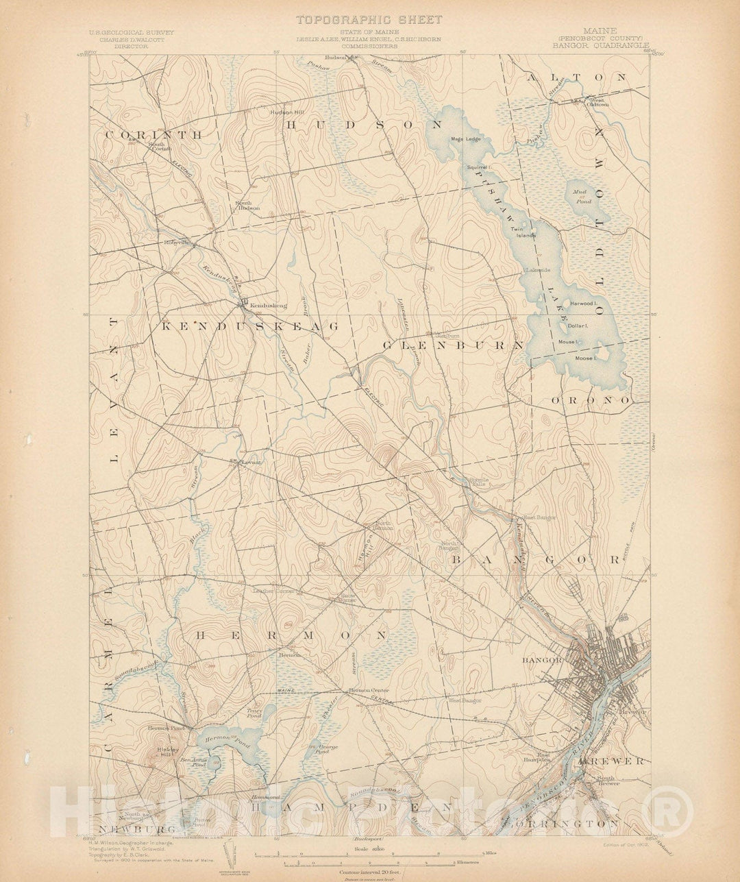 Historic Map : Atlas of Maine 1905, Bangor & Hermon & Hudson & Kenduskeag & Old Town & Orono 1905 Topographic Map , Vintage Wall Art