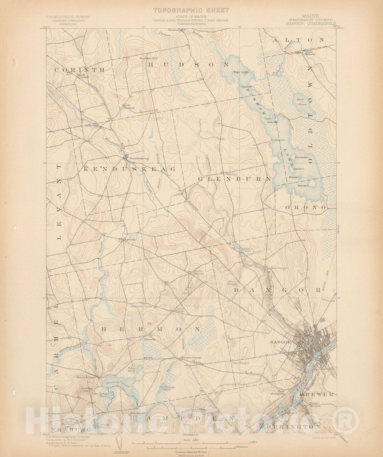 Historic Map : Atlas of Maine 1905, Bangor & Hermon & Hudson & Kenduskeag & Old Town & Orono 1905 Topographic Map , Vintage Wall Art