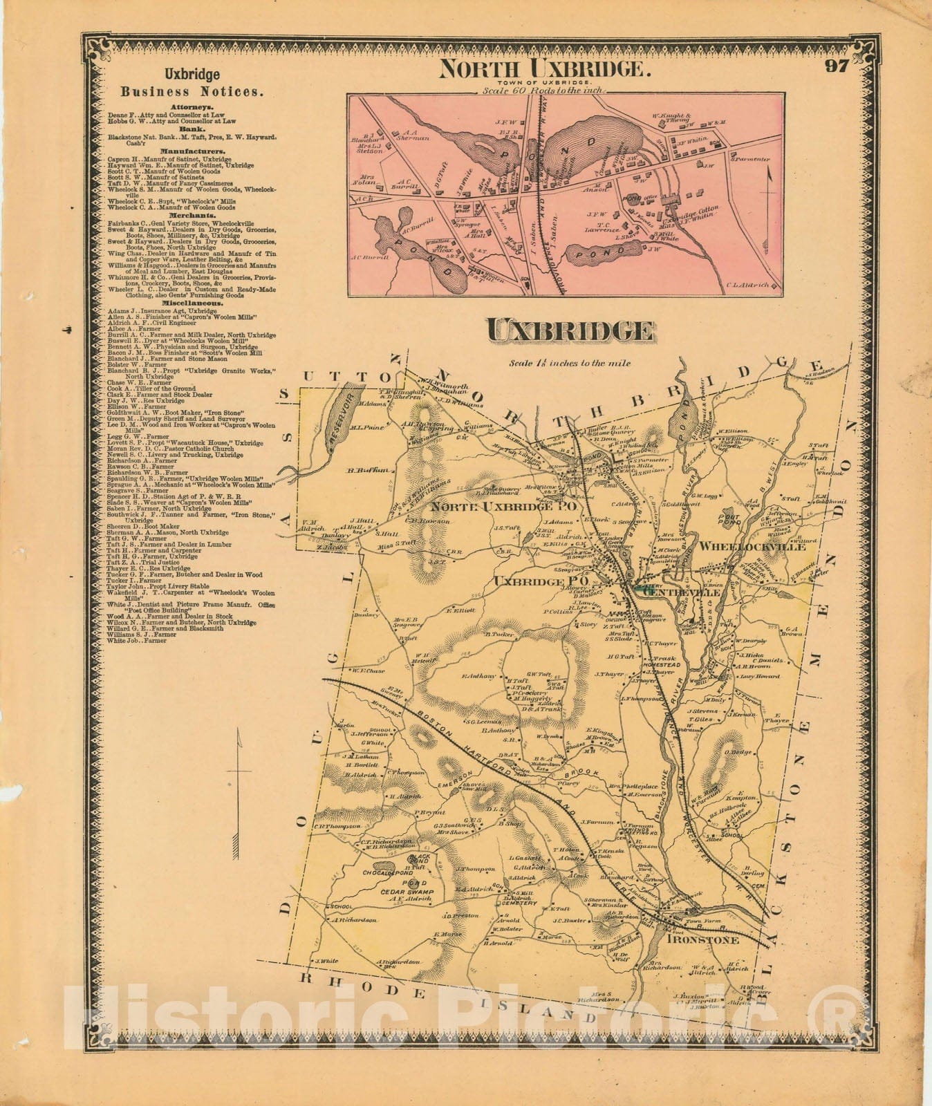 Historic Map : Atlas of Worcester County, Massachsuetts, Uxbridge 1870 , Vintage Wall Art