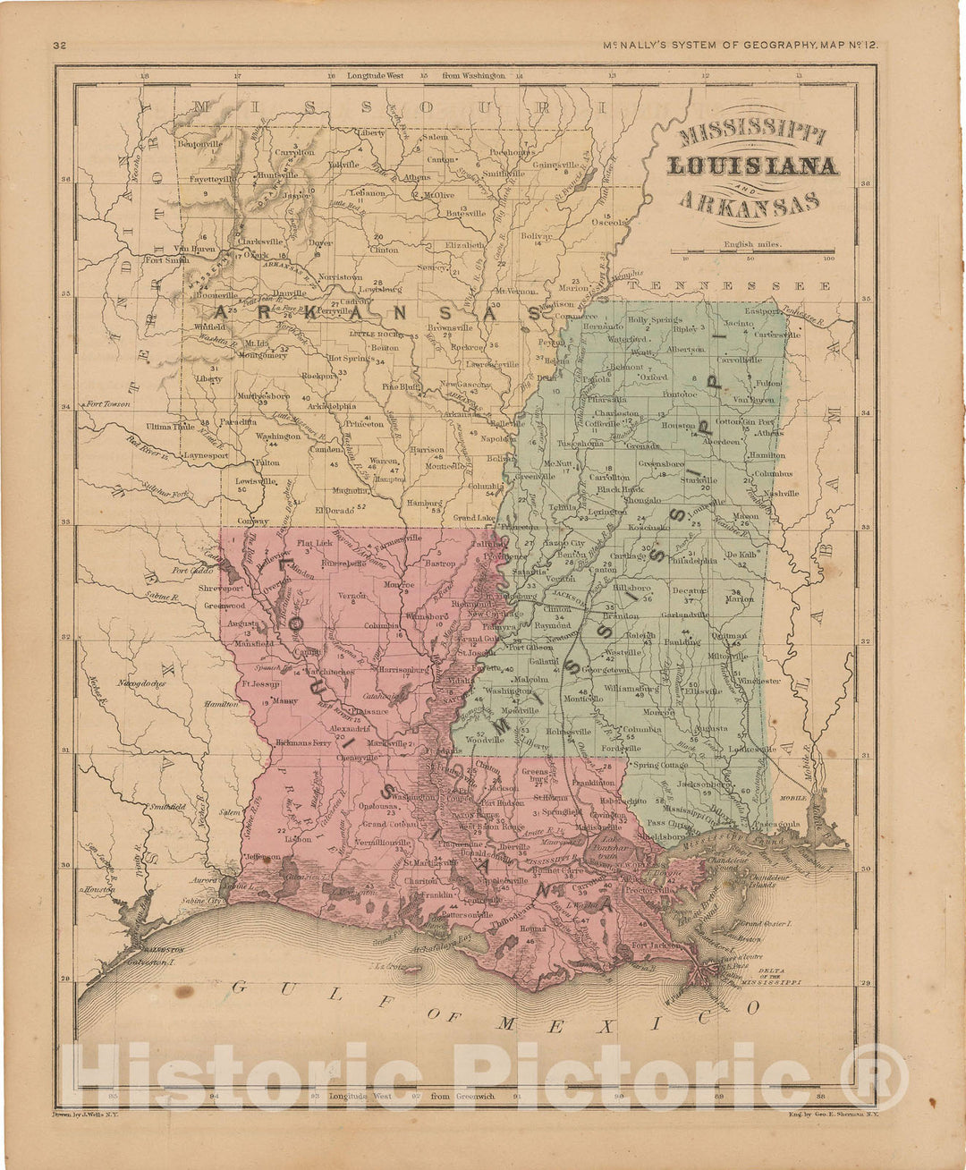 Historic Map : McNally's Improved System of Geography, Arkansas & Louisiana & Mississippi 1856 , Vintage Wall Art