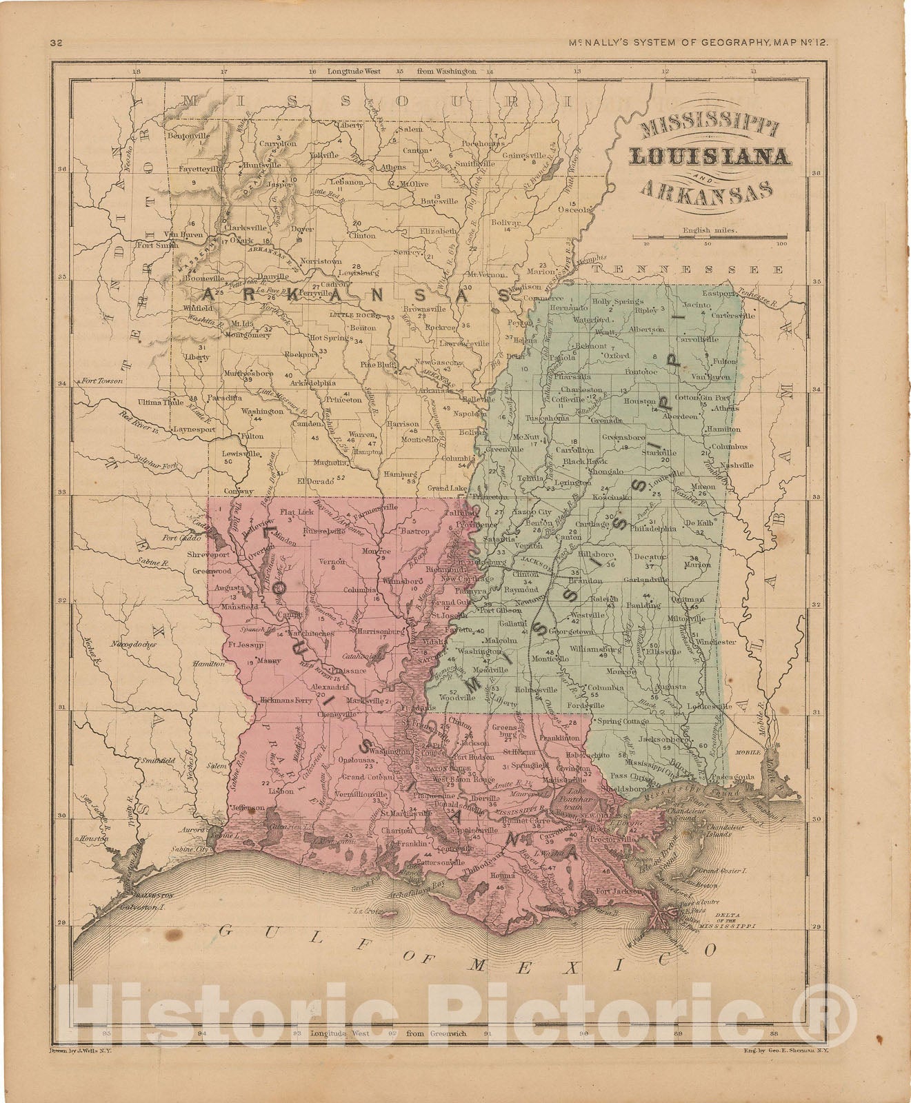 Historic Map : McNally's Improved System of Geography, Arkansas & Louisiana & Mississippi 1856 , Vintage Wall Art