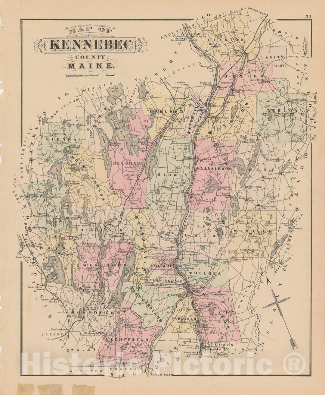 Historic Map : Atlas of Maine, Kennebec 1885 , Vintage Wall Art