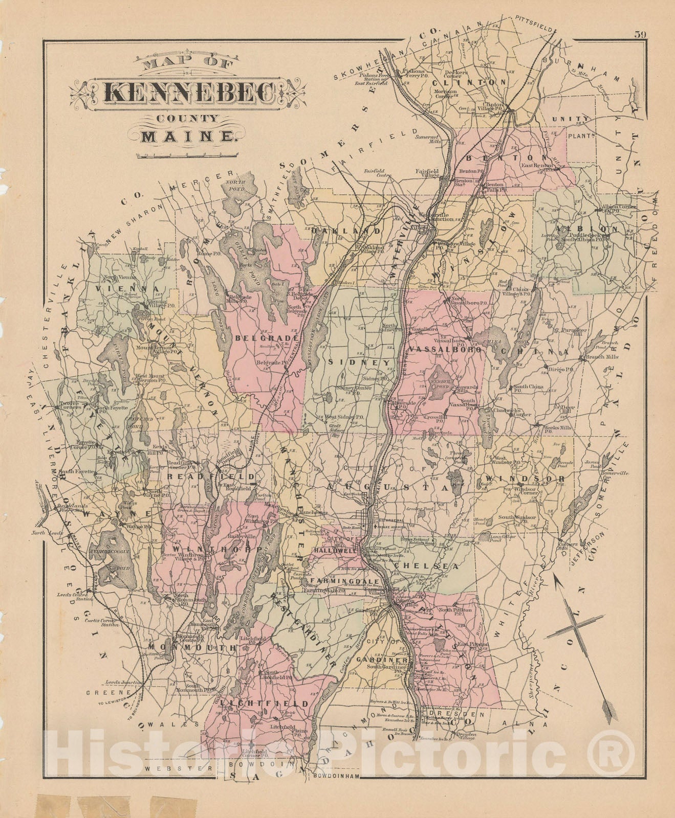 Historic Map : Atlas of Maine, Kennebec 1885 , Vintage Wall Art