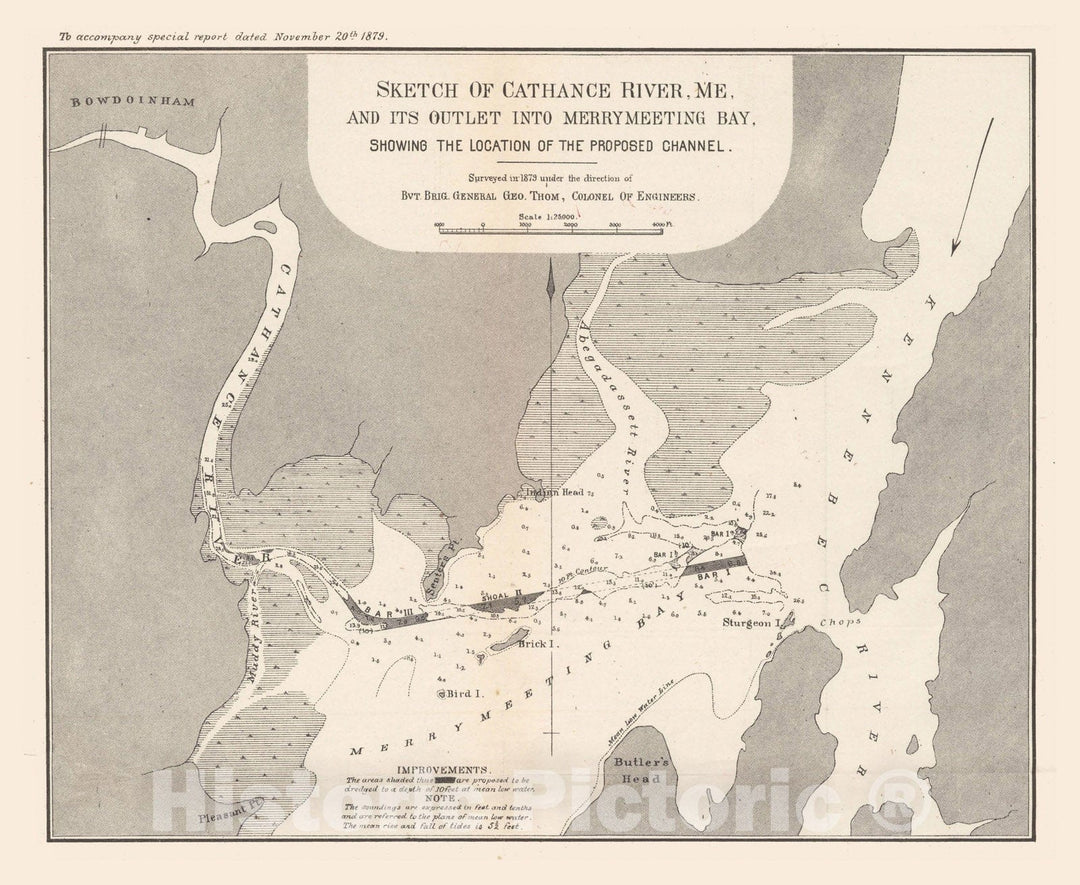 Historic Map : Merrymeeting Bay 1879 Topographic Map , Vintage Wall Art
