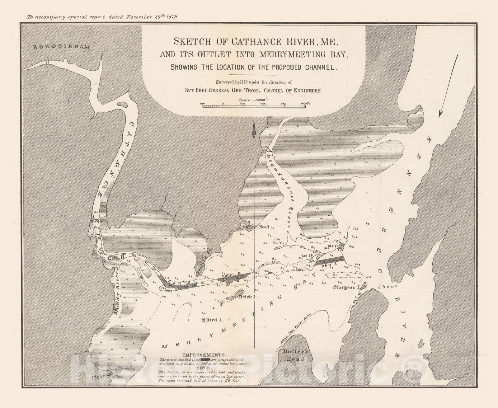Historic Map : Merrymeeting Bay 1879 Topographic Map , Vintage Wall Art