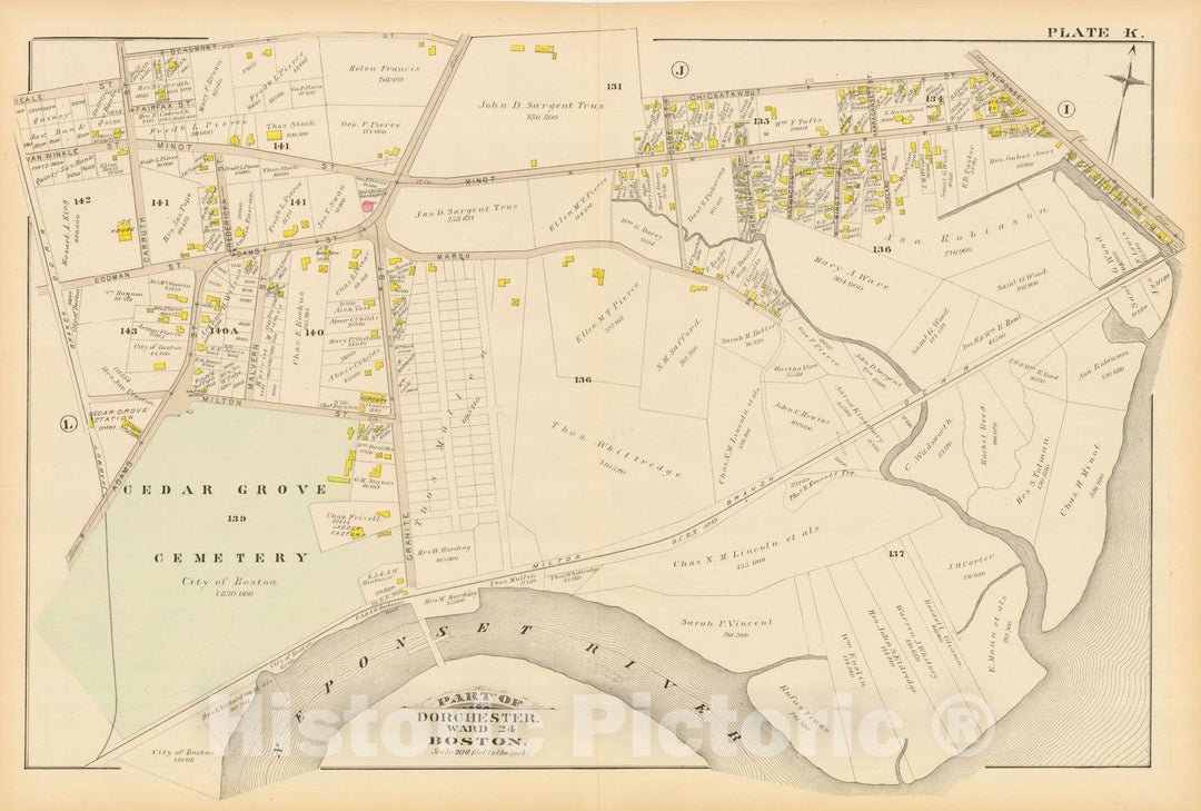 Historic Map : Atlas of Dorchester, Dorchester 1884 Plate K , Vintage Wall Art