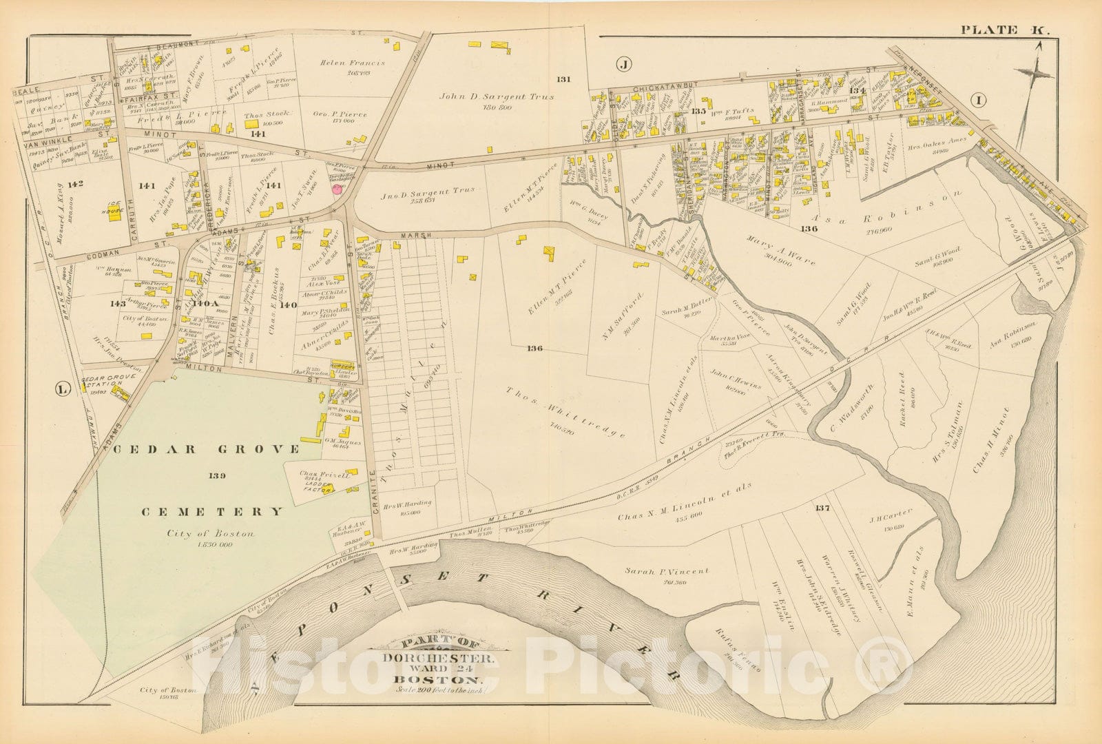 Historic Map : Atlas of Dorchester, Dorchester 1884 Plate K , Vintage Wall Art