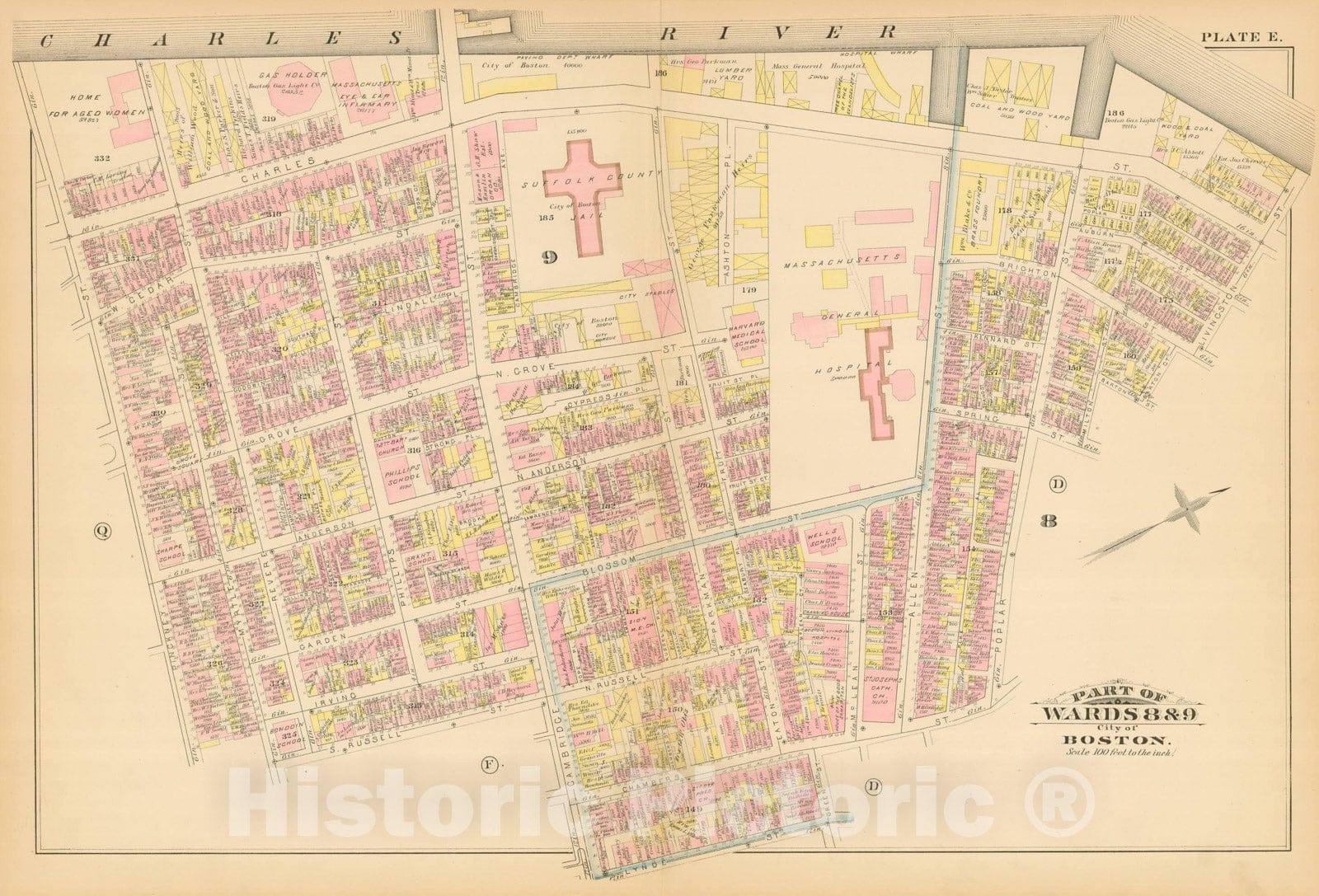 Historic Map : Atlas City of Boston, Boston Proper, Volume I, Boston 1883 Plate E , Vintage Wall Art