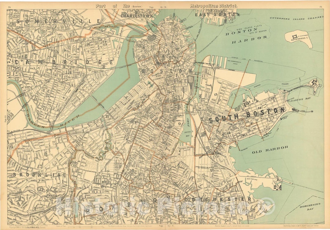 Historic Map : Atlas of Massachusetts, Boston & Brookline & Cambridge & Dorchester & Roxbury & South Boston 1904 , Vintage Wall Art